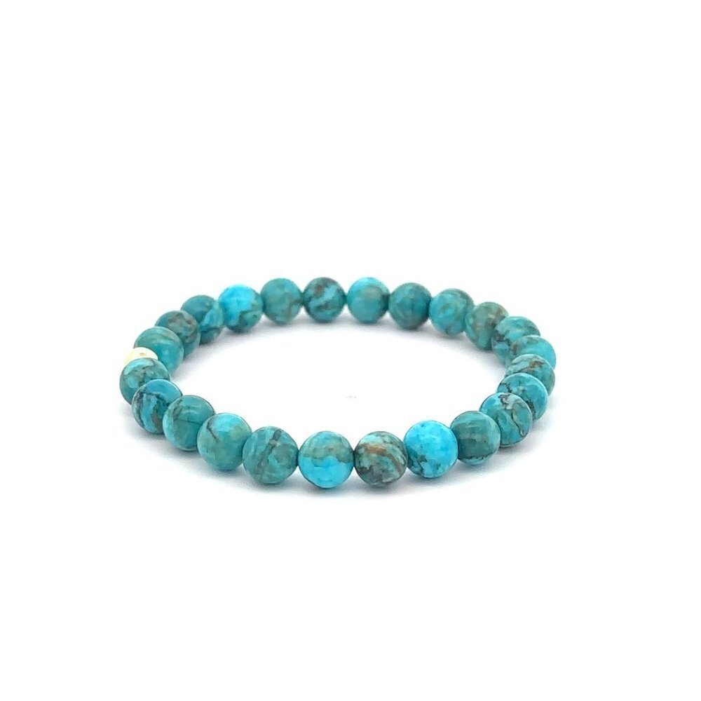 Natural Turquoise 6mm Stretchable Bracelet 18k Gold Bead Charm - Picture 2 of 4